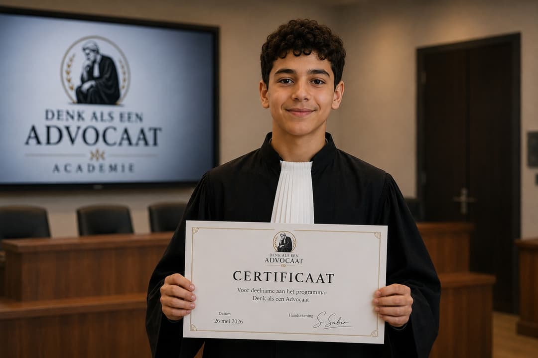 Leerling toont zijn certificaat van Denk als een Advocaat