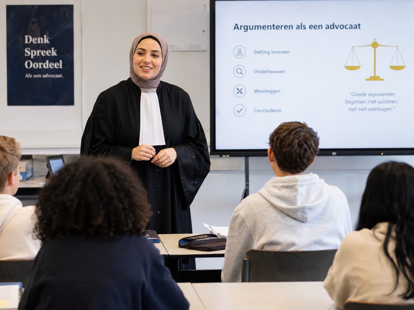 Advocaat geeft instructie over argumenteren aan een klas