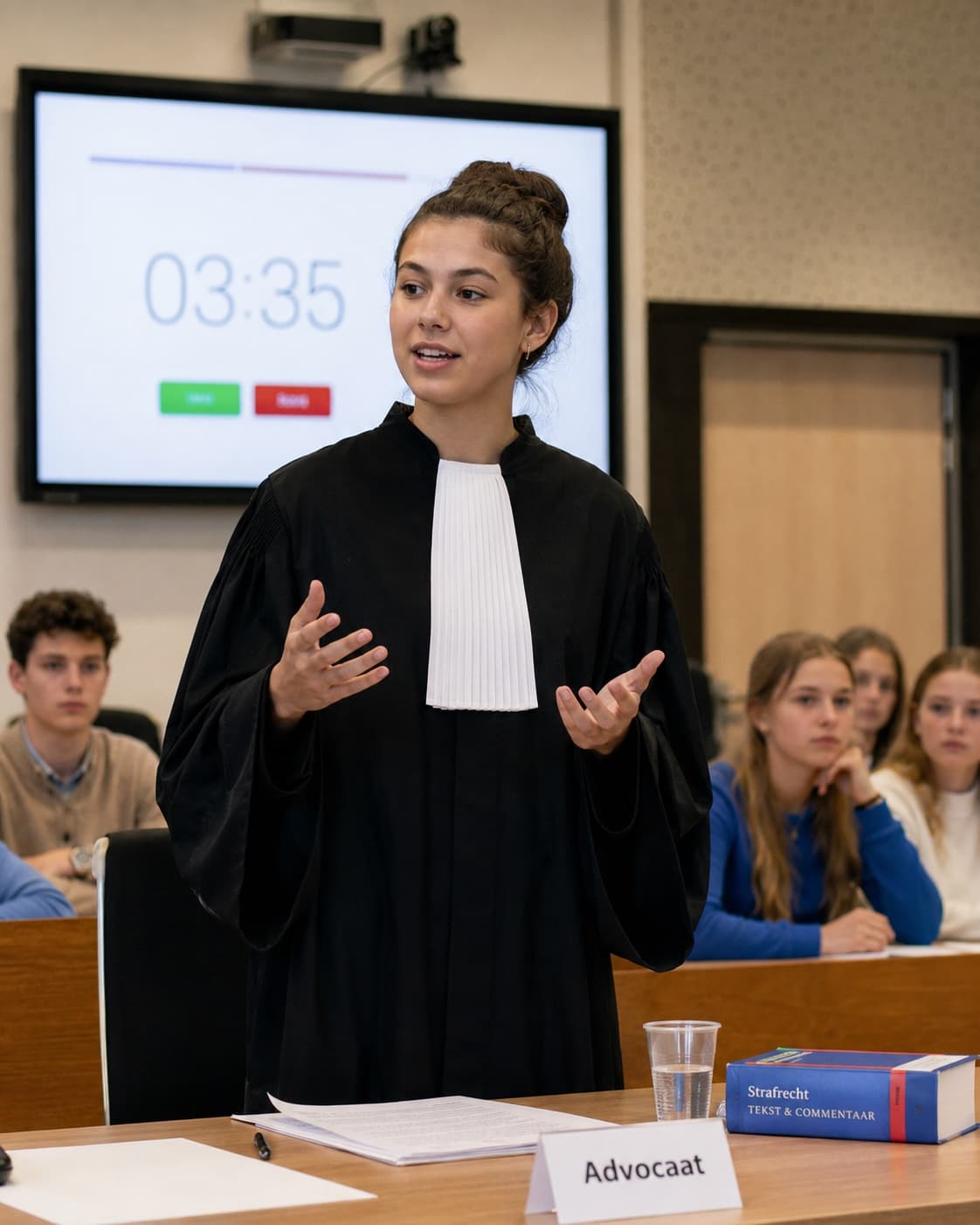 Leerling in toga houdt een pleidooi tijdens de rechtbanksimulatie