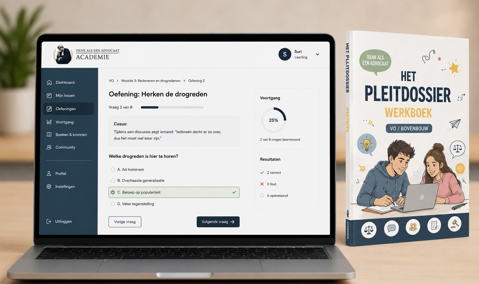 Een oefening op het platform met daarnaast het werkboek Het Pleitdossier